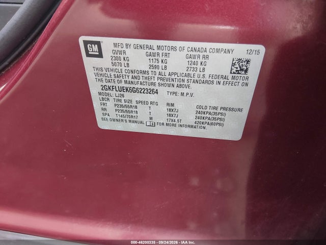 Aukcja sprzedaży 2016 Gmc Terrain Slt, vin: 2GKFLUEK6G6223264, numer aukcji: 46200335