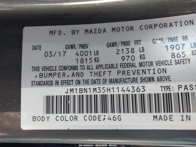 2017 Mazda Mazda3 Grand Touring მანქანა იყიდება აუქციონზე, vin: JM1BN1M35H1144363, აუქციონის ნომერი: 46200344