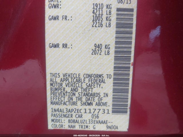 Продаж на аукціоні авто 2014 Nissan Altima 2.5 Sv, vin: 1N4AL3AP2EC117731, номер лоту: 46200345