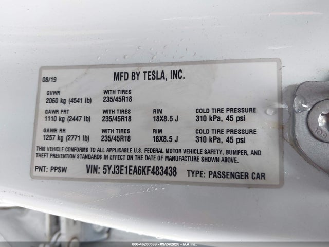Auction sale of the 2019 Tesla Model 3 Long Range/mid Range/standard Range/standard Range Plus, vin: 5YJ3E1EA6KF483438, lot number: 46200369