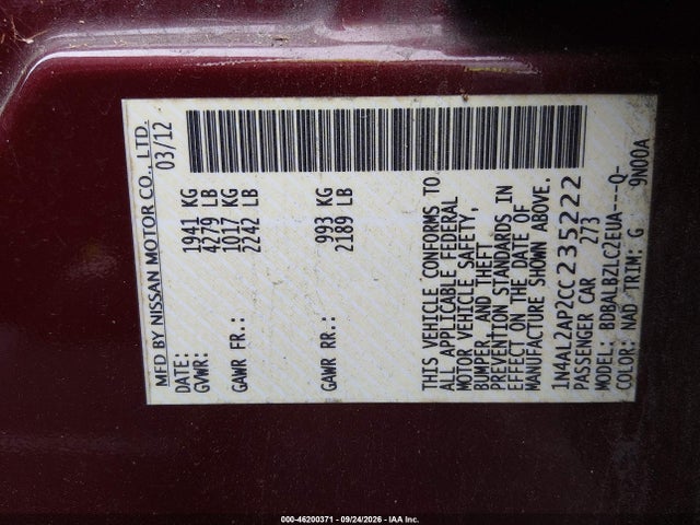 Auction sale of the 2012 Nissan Altima 2.5 S, vin: 1N4AL2AP2CC235222, lot number: 46200371