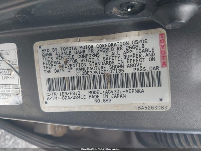 Продаж на аукціоні авто 2002 Toyota Camry Le, vin: JTDBE32K120107135, номер лоту: 46200392