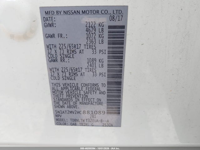 46200394 :رقم المزاد ، 5N1AT2MV2HC881089 vin ، 2017 Nissan Rogue Sv مزاد بيع