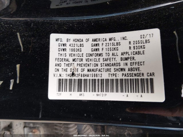 Продаж на аукціоні авто 2017 Honda Accord Ex-l, vin: 1HGCR2F97HA159612, номер лоту: 46200407