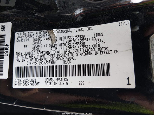 Aukcja sprzedaży 2012 Toyota Tundra Limited 5.7l V8, vin: 5TFHY5F19CX222900, numer aukcji: 46200421
