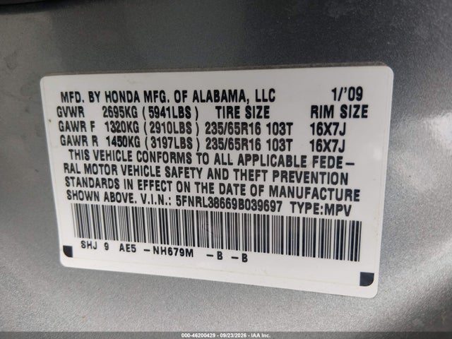 2009 Honda Odyssey Ex-l მანქანა იყიდება აუქციონზე, vin: 5FNRL38669B039697, აუქციონის ნომერი: 46200429