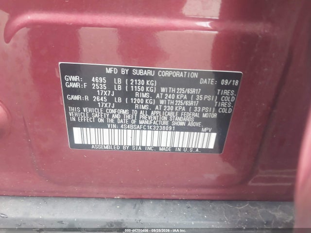 Продаж на аукціоні авто 2019 Subaru Outback 2.5i Premium, vin: 4S4BSAFC1K3238091, номер лоту: 46200456