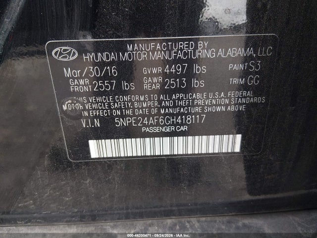 Продаж на аукціоні авто 2016 Hyundai Sonata, vin: 5NPE24AF6GH418117, номер лоту: 46200471