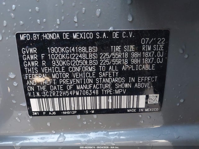 2023 Honda Hr-v Awd Sport მანქანა იყიდება აუქციონზე, vin: 3CZRZ2H54PM706348, აუქციონის ნომერი: 46200474