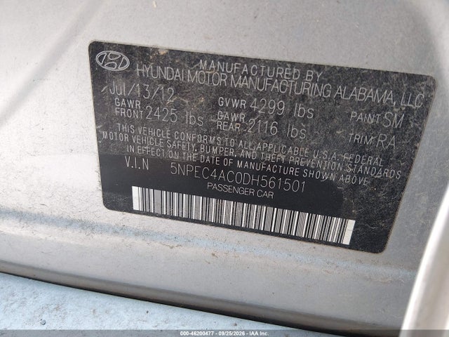 Продаж на аукціоні авто 2013 Hyundai Sonata Se, vin: 5NPEC4AC0DH561501, номер лоту: 46200477