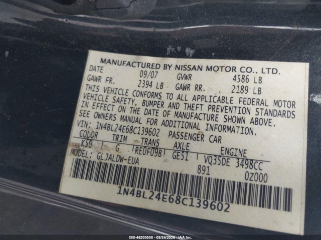 46200508 :رقم المزاد ، 1N4BL24E68C139602 vin ، 2008 Nissan Altima 3.5 Se مزاد بيع