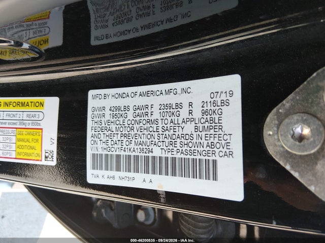 Honda ACCORD EX 2019 1HGCV1F41KA136294 Image 9
