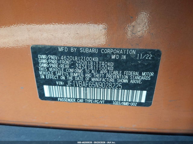 Продажа на аукционе авто 2022 Subaru Wrx Premium, vin: JF1VBAF65N9028225, номер лота: 46200539