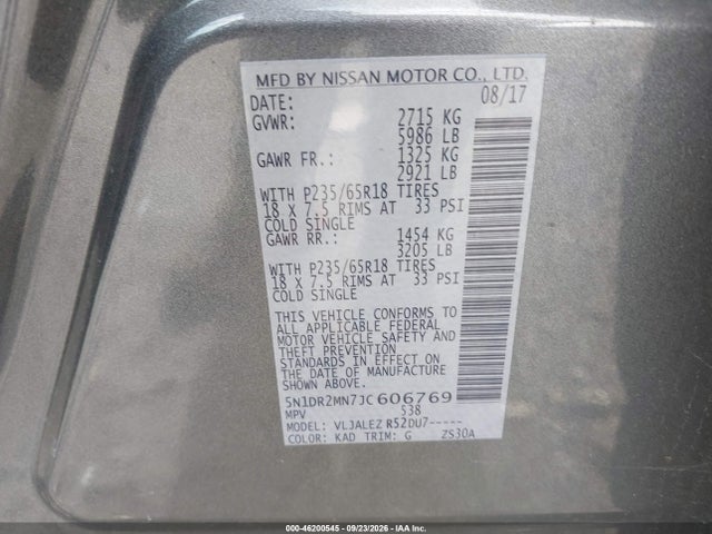 2018 Nissan Pathfinder Sv მანქანა იყიდება აუქციონზე, vin: 5N1DR2MN7JC606769, აუქციონის ნომერი: 46200545