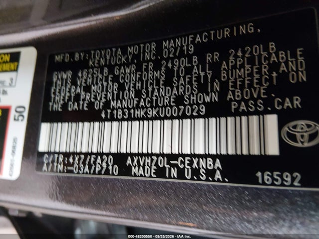 Aukcja sprzedaży 2019 Toyota Camry Hybrid Le, vin: 4T1B31HK9KU007029, numer aukcji: 46200550