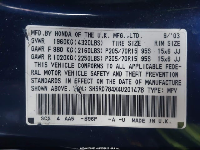 Продажа на аукционе авто 2004 Honda Cr-v Lx, vin: SHSRD784X4U201478, номер лота: 46200560