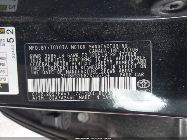 46200588 :رقم المزاد ، 2T1BR32E87C756734 vin ، 2007 Toyota Corolla Ce مزاد بيع