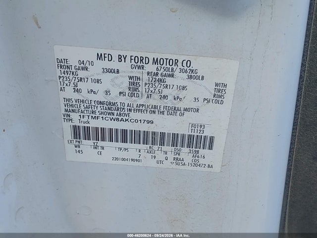 2010 Ford F-150 Stx/xl/xlt მანქანა იყიდება აუქციონზე, vin: 1FTMF1CW8AKC01799, აუქციონის ნომერი: 46200624