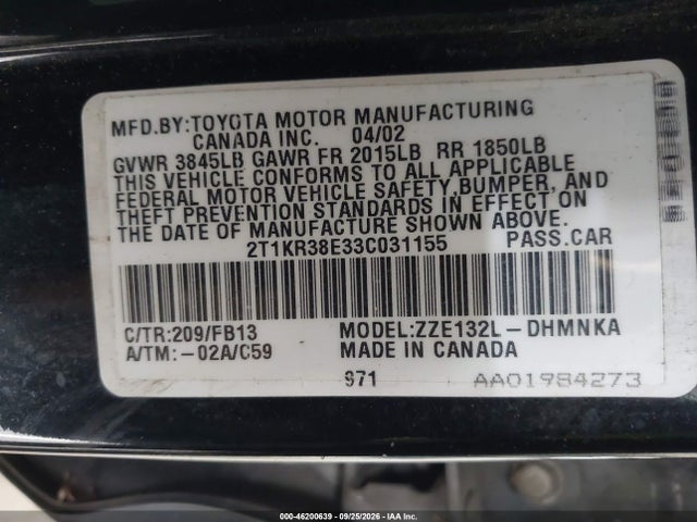 2003 Toyota Matrix Xr მანქანა იყიდება აუქციონზე, vin: 2T1KR38E33C031155, აუქციონის ნომერი: 46200639
