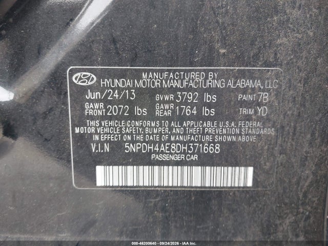 Продаж на аукціоні авто 2013 Hyundai Elantra Gls, vin: 5NPDH4AE8DH371668, номер лоту: 46200640