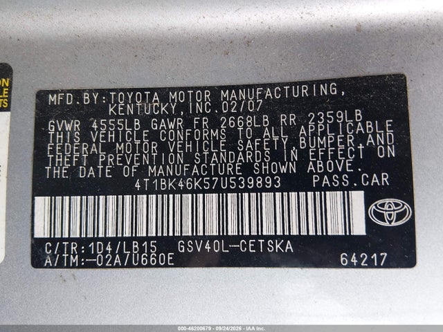 Aukcja sprzedaży 2007 Toyota Camry Se V6, vin: 4T1BK46K57U539893, numer aukcji: 46200679