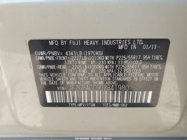 2013 Subaru Xv Crosstrek 2.0i Premium მანქანა იყიდება აუქციონზე, vin: JF2GPACC9D2841980, აუქციონის ნომერი: 46200680