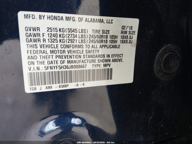 Aukcja sprzedaży 2018 Honda Pilot Ex, vin: 5FNYF5H36JB008667, numer aukcji: 46200683