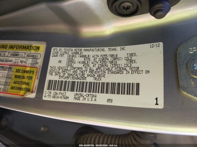 Продаж на аукціоні авто 2013 Toyota Tundra 4wd Truck Grade 4.6l V8 (a6), vin: 5TFUM5F19DX042585, номер лоту: 46200706
