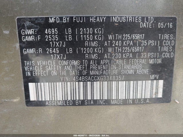 Subaru Outback 2.5i Premium 2016 4S4BSACCXG3348357 Image 9