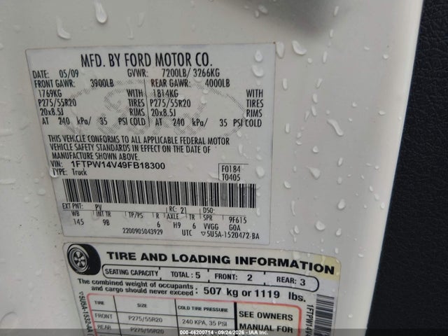 Aukcja sprzedaży 2009 Ford F-150 Fx4/king Ranch/lariat/platinum/xl/xlt, vin: 1FTPW14V49FB18300, numer aukcji: 46200714