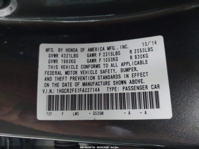 Aukcja sprzedaży 2015 Honda Accord Sport, vin: 1HGCR2F51FA037144, numer aukcji: 46200735