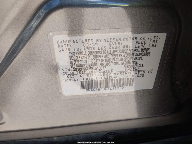 Aukcja sprzedaży 2019 Nissan Kicks S/sr/sv, vin: 3N1CP5CU6KL513377, numer aukcji: 46200756
