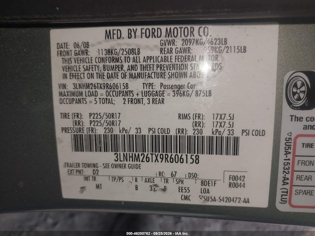 Aukcja sprzedaży 2009 Lincoln Mkz, vin: 3LNHM26TX9R606158, numer aukcji: 46200762