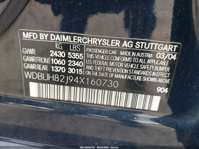 46200783 :رقم المزاد ، WDBUH82J94X160730 vin ، 2004 Mercedes-benz E 320 4matic مزاد بيع