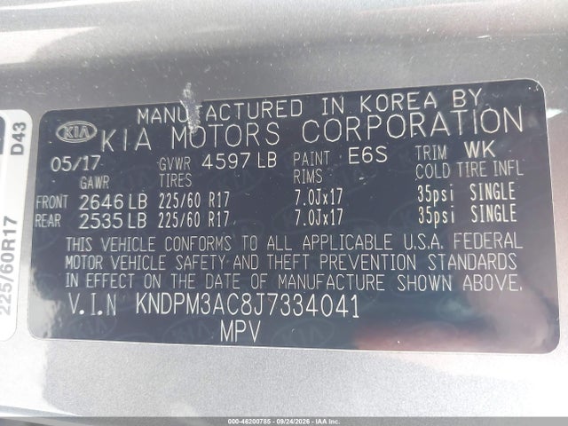 Aukcja sprzedaży 2018 Kia Sportage Lx, vin: KNDPM3AC8J7334041, numer aukcji: 46200785