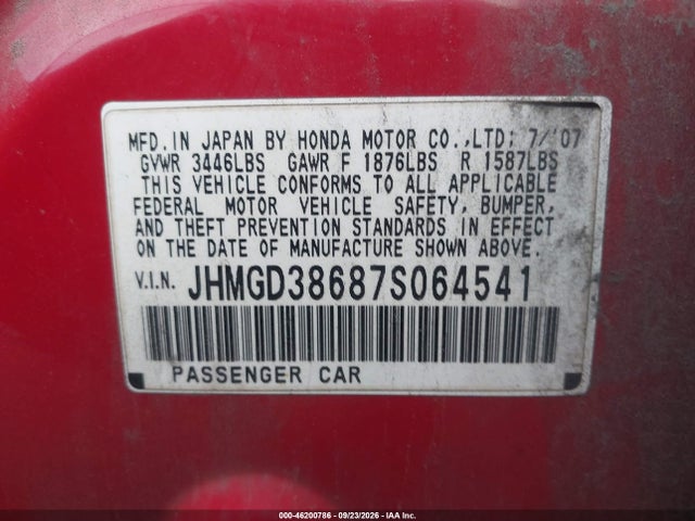 Aukcja sprzedaży 2007 Honda Fit Sport, vin: JHMGD38687S064541, numer aukcji: 46200786