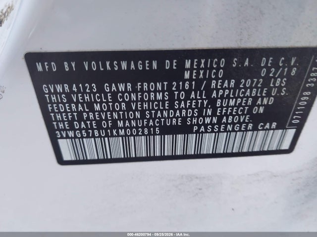 2019 Volkswagen Jetta 1.4t Sel Premium მანქანა იყიდება აუქციონზე, vin: 3VWG57BU1KM002815, აუქციონის ნომერი: 46200794