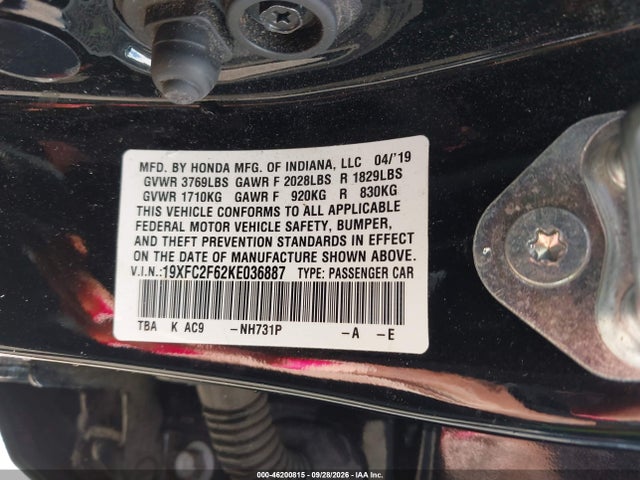 Aukcja sprzedaży 2019 Honda Civic Lx, vin: 19XFC2F62KE036887, numer aukcji: 46200815