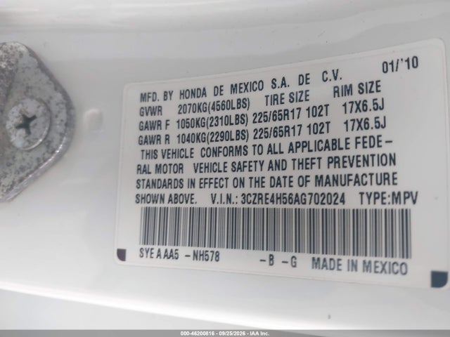 46200816 :رقم المزاد ، 3CZRE4H56AG702024 vin ، 2010 Honda Cr-v Ex مزاد بيع
