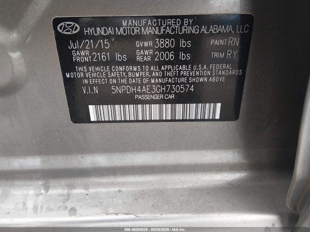 Aukcja sprzedaży 2016 Hyundai Elantra Value Edition, vin: 5NPDH4AE3GH730574, numer aukcji: 46200826