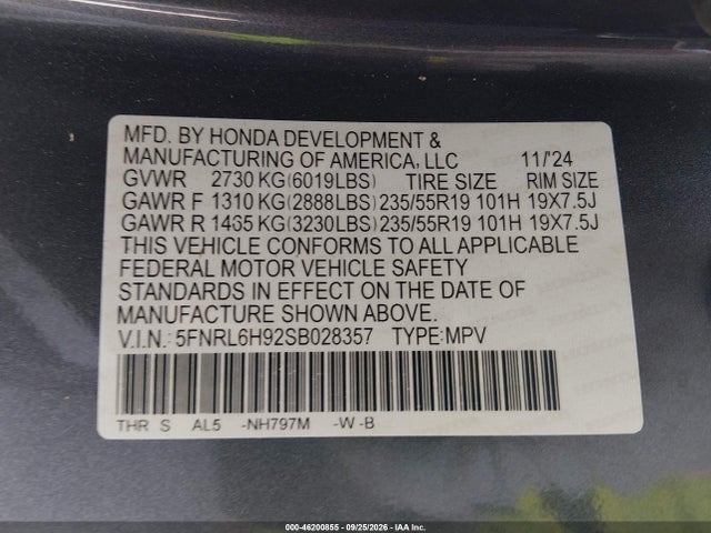 Honda Odyssey Elite 2025 5FNRL6H92SB028357 Image 9