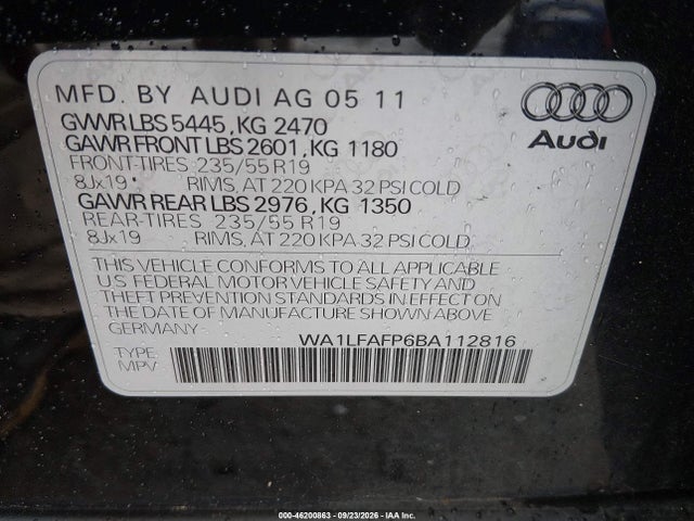 46200863 :رقم المزاد ، WA1LFAFP6BA112816 vin ، 2011 Audi Q5 2.0t Premium مزاد بيع