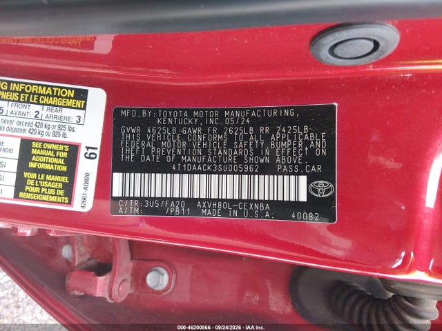 46200866 :رقم المزاد ، 4T1DAACK3SU005962 vin ، 2025 Toyota Camry Le مزاد بيع