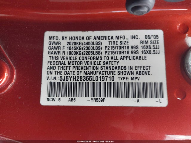 Продажа на аукционе авто 2005 Honda Element Lx, vin: 5J6YH28365L019710, номер лота: 46200883