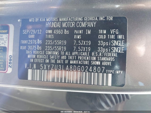 Aukcja sprzedaży 2013 Hyundai Santa Fe 2.0t Sport, vin: 5XYZU3LA8DG024807, numer aukcji: 46200894