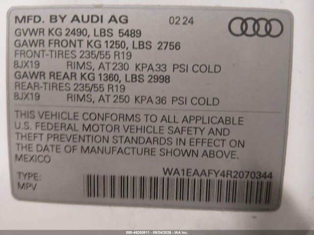Продажа на аукционе авто 2024 Audi Q5 Premium Plus 45 Tfsi S Line Quattro, vin: WA1EAAFY4R2070344, номер лота: 46200911