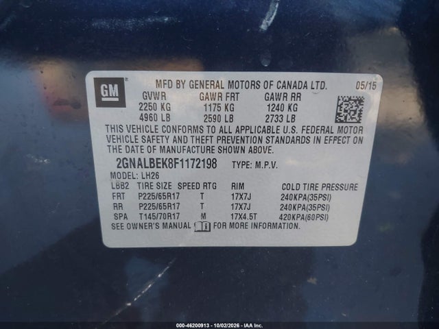 Продажа на аукционе авто 2015 Chevrolet Equinox 1lt, vin: 2GNALBEK8F1172198, номер лота: 46200913