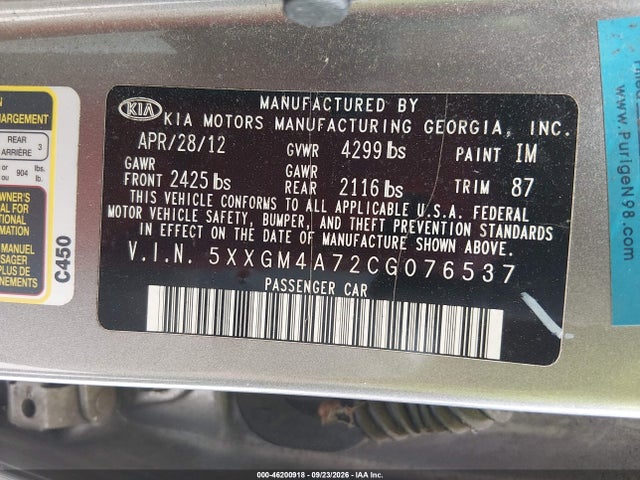 46200918 :رقم المزاد ، 5XXGM4A72CG076537 vin ، 2012 Kia Optima Lx مزاد بيع