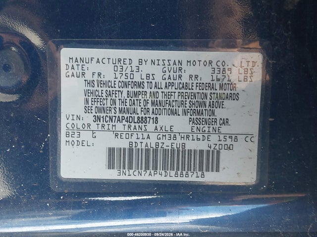 46200930 :رقم المزاد ، 3N1CN7AP4DL888718 vin ، 2013 Nissan Versa Sv مزاد بيع