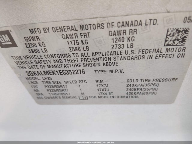 46200934 :رقم المزاد ، 2GKALMEK1E6352276 vin ، 2014 Gmc Terrain Sle-1 مزاد بيع